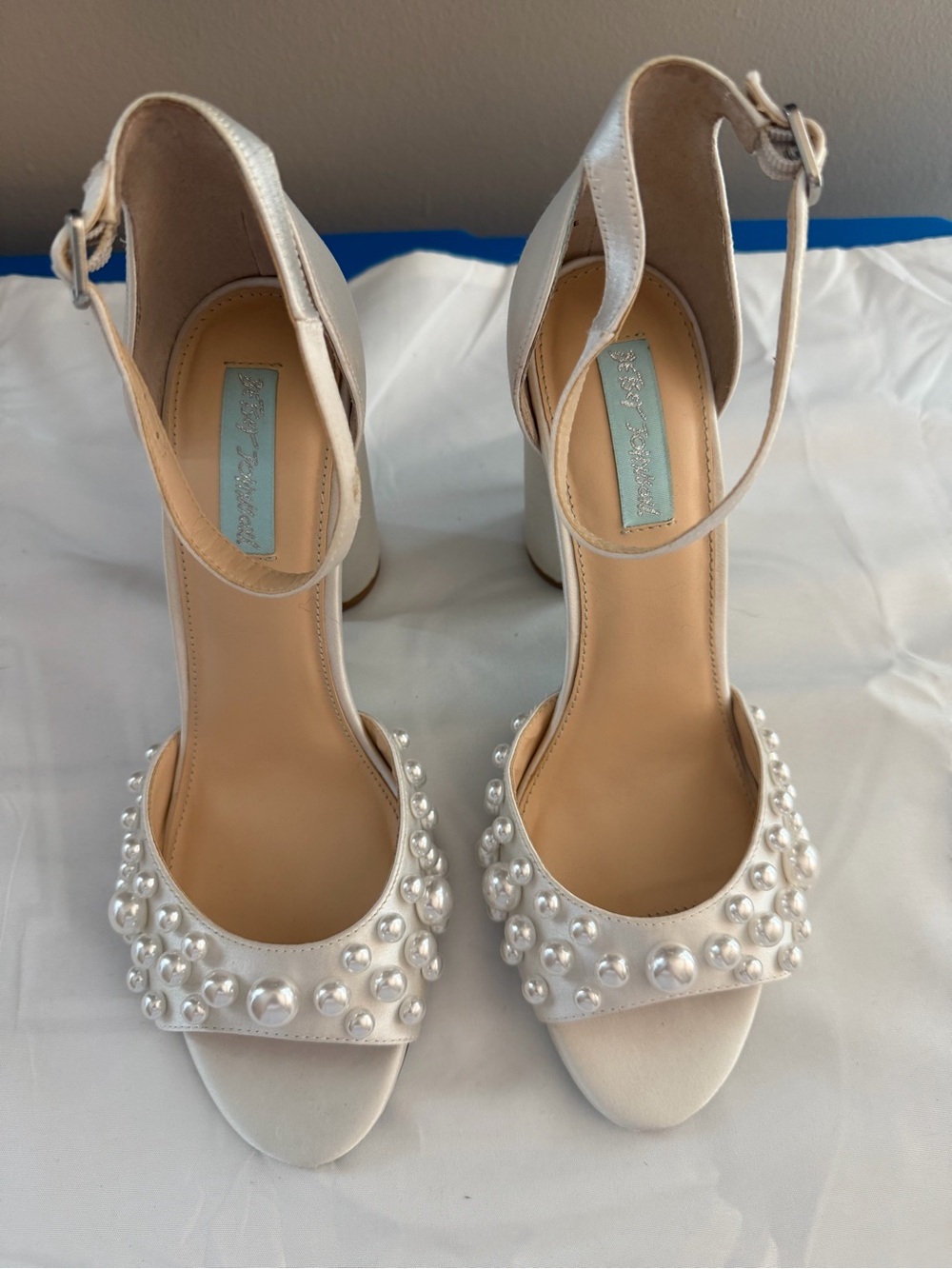 Betsey Johnson Ivory Pearl-Cluster Ankle-Strap Block Heels